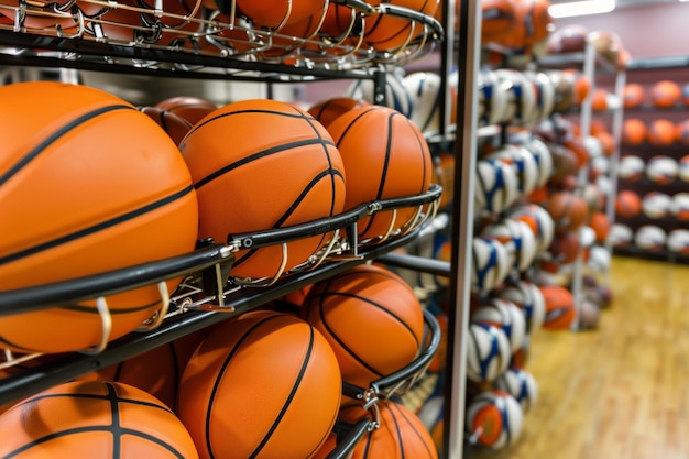 Foto assortimento di palle da basket su un supporto per palle a livelli