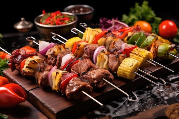 Assortment of bbq skewers with meat and vegetables