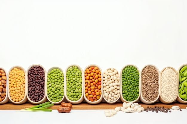 Assortment of beans in a wooden spoon on a white background