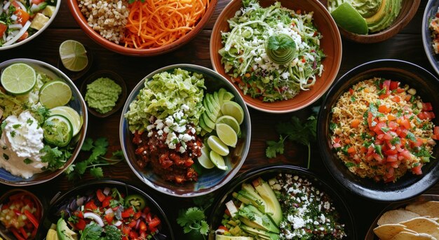 an assortment of bowls of different salads