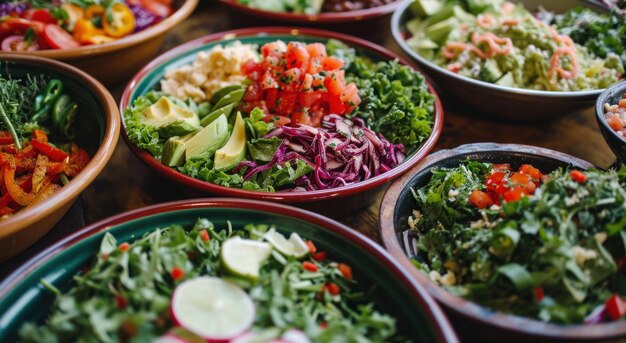 an assortment of bowls of different salads