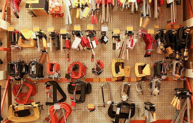 Photo assortment of building instruments on stand