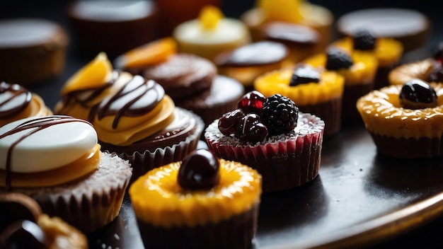 assortment of cakes and cup of tea on black wooden table