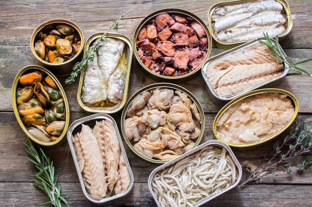 Assortment of cans of canned food 