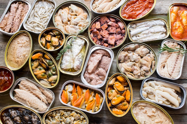 Assortment of cans of canned food 