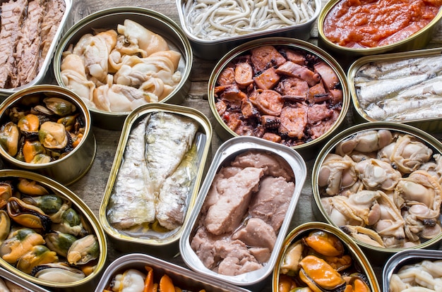 Assortment of cans of canned food 