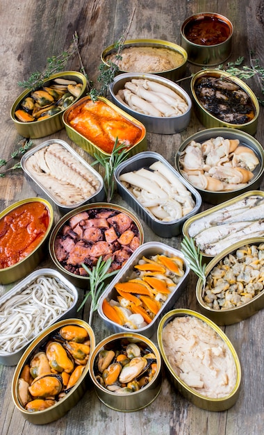 Assortment of cans of canned food 