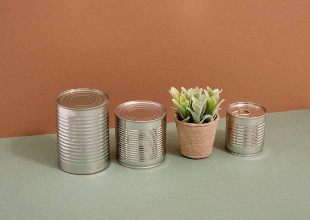 Assortment of cans of canned and green plant Dinner and long term food storage