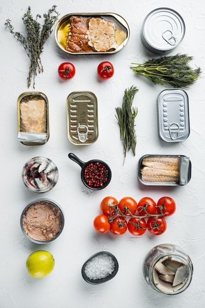 Assortment of cans of canned with different types of fish on white background with herbs and ingredients top view flat lay