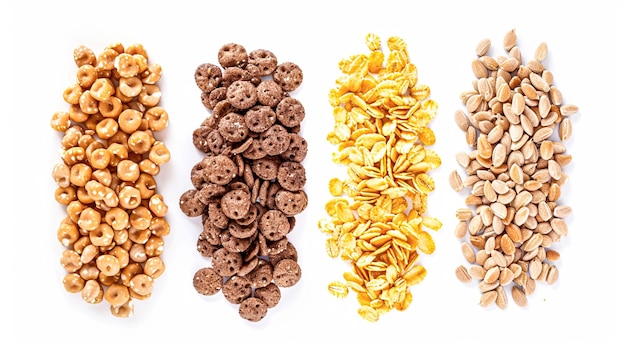 Foto assortimento di cereali, muesli o avena per una colazione sana prodotto del mercato agricolo biologico isolato su sfondo bianco