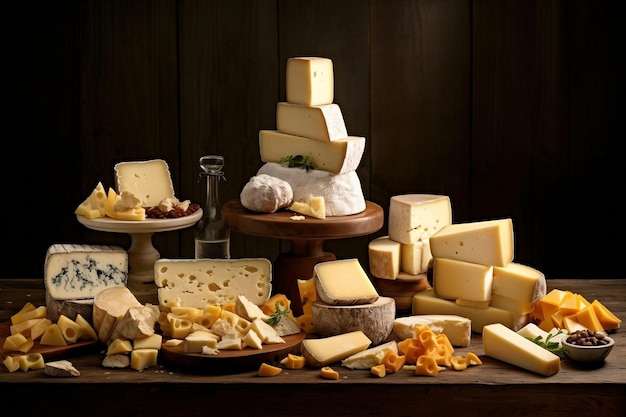 Assortment of Cheese Presented on Wooden Table in Traditional Style Generative AI