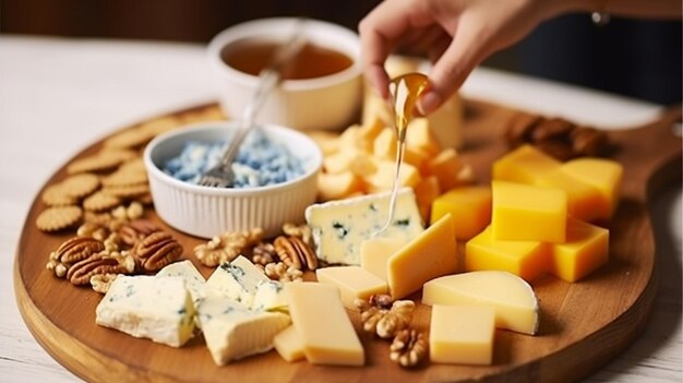 Assortment of cheese on wooden board snacks on the buffet table Generative AI