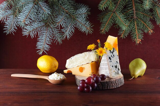 Assortment of cheeses and Christmas tree branches on wooden background Swiss cheese blue cheese camembert and cottage cheese for Christmas