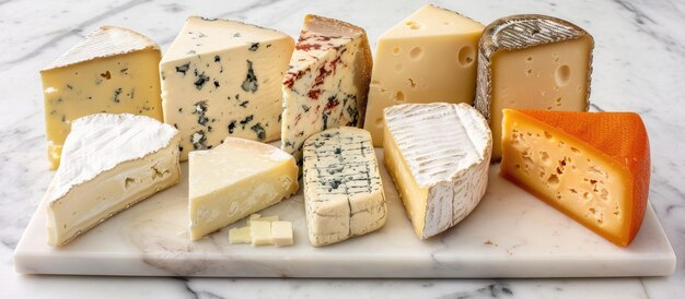 Photo assortment of cheeses displayed on a marble serving board