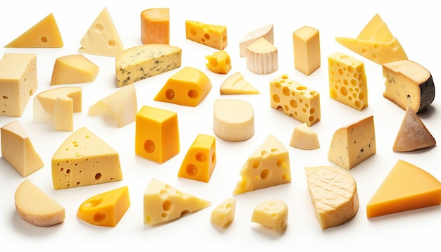 白い背景に隔離されたチーズの種類