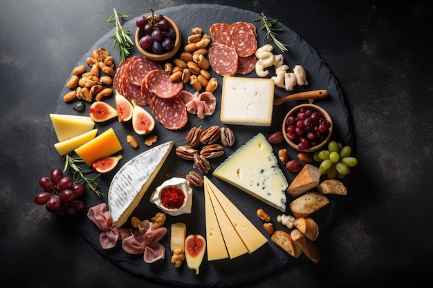 Assortment of cheeses and meats on a dark slate board seen from above