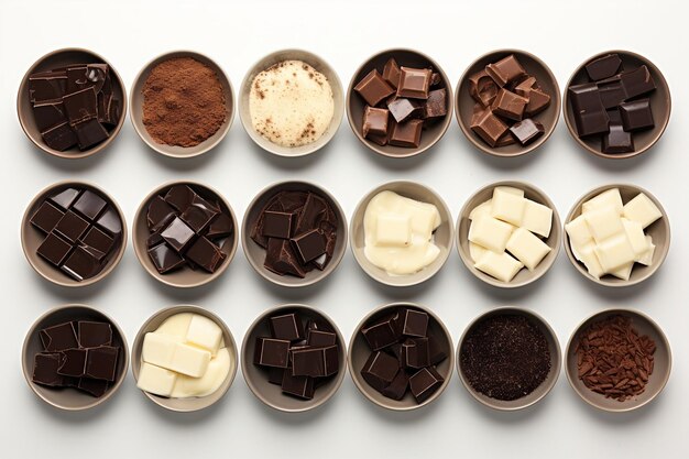 Assortment of Chocolate Bowls in Dark Milk and White Varieties Generative AI