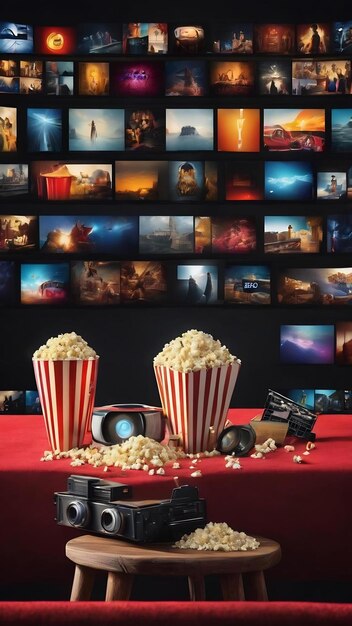 Assortment of cinema elements on black background with copy space