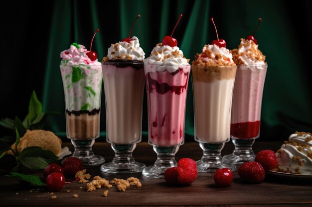 Assortment of classic milkshake flavors with whipped cream and cherries created with generative ai