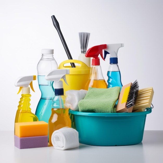 Photo assortment of cleaning supplies and tools for household