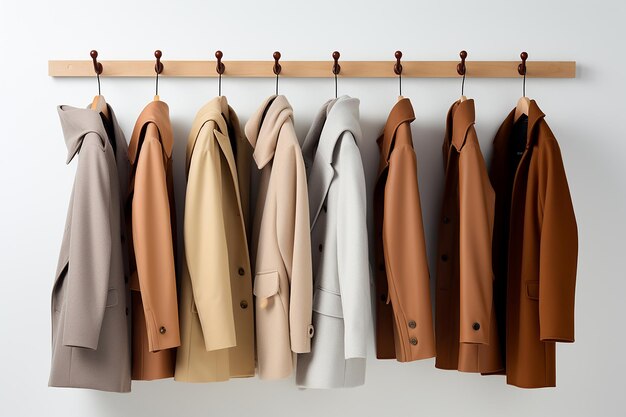 Assortment of coats hanging on rack in neutral tones