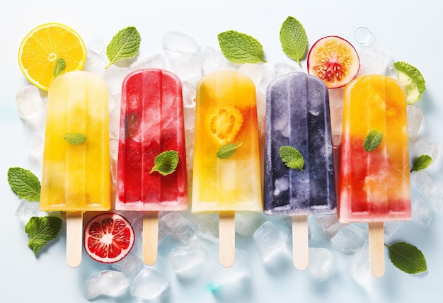 Assortment of cold summer fruit popsicles isolated on ice