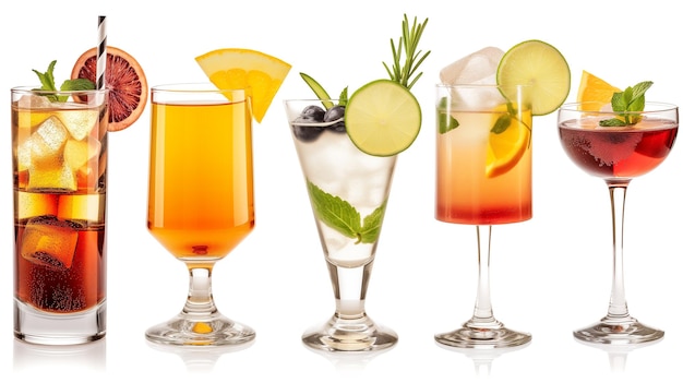 Assortment of colorful cocktails isolated on white background for cocktail party