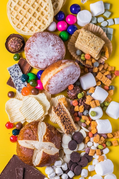 An assortment of colorful festive sweets ice creams and candies in panoramic orientation