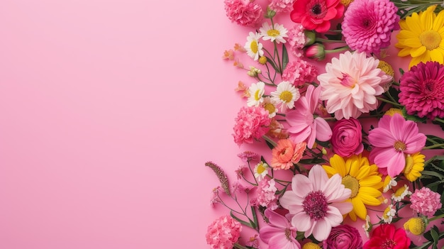 Assortment of colorful flowers arranged on a pink background with ample copy space