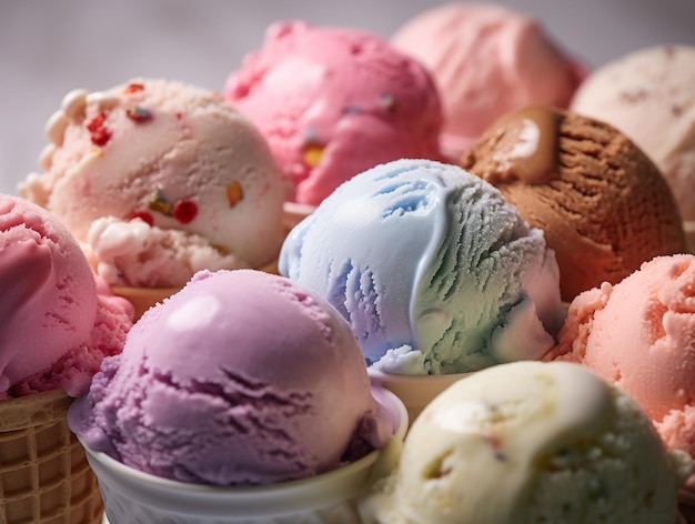 Assortment of colorful ice cream on pastel background