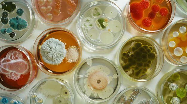 生物学的文化を展示するカラフルなペトリ皿の種類