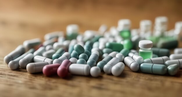 An assortment of colorful pills on a wooden surface