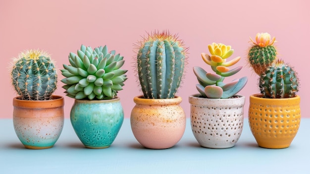 Assortment of colorful potted cacti and succulents