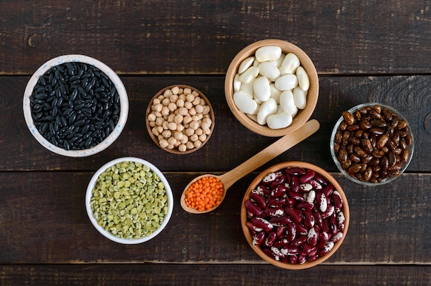 The assortment of colorful raw legumes