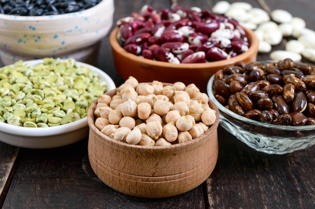 The assortment of colorful raw legumes