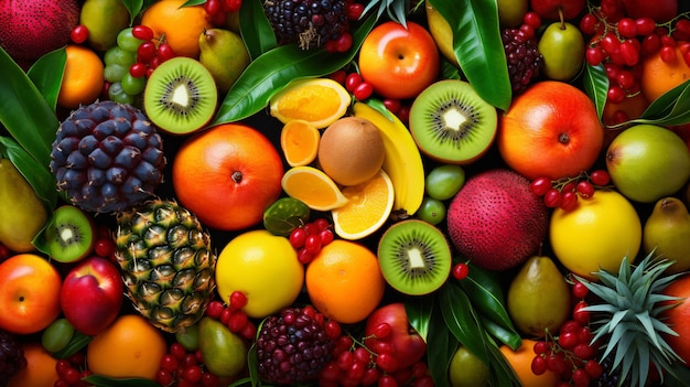 Assortment of colorful ripe tropical fruits top view