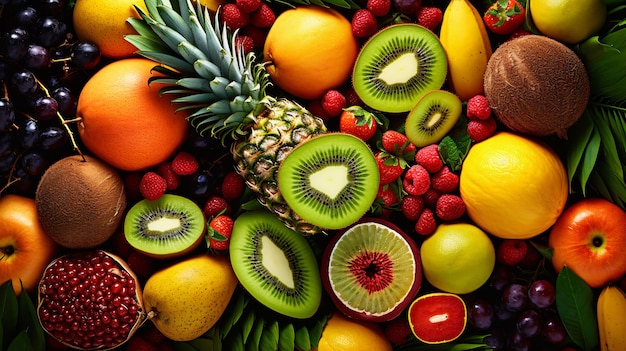 Assortment of colorful ripe tropical fruits top view