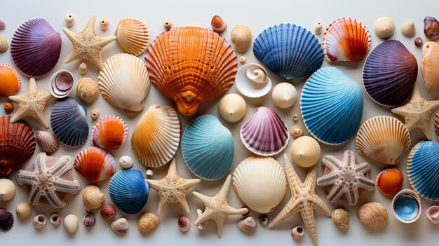 Foto un assortimento di colorate conchiglie marine, ognuna con forme e motivi unici, artisticamente disposte su un b