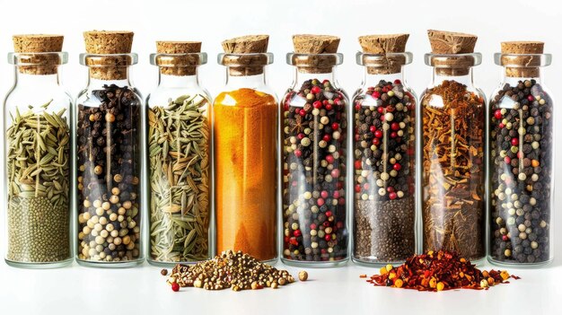 Assortment of colorful spices in small glass jars