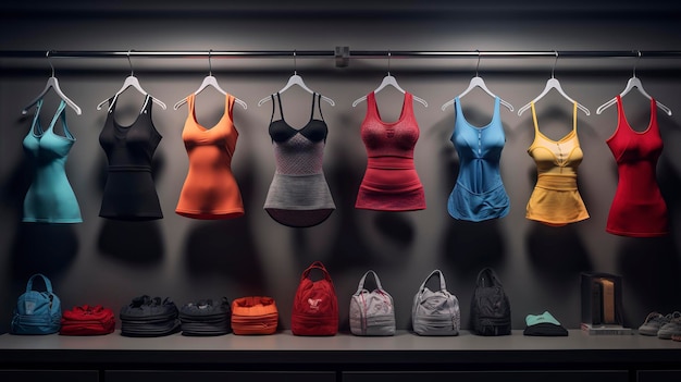 Assortment of colorful sports bras on display in a retail store