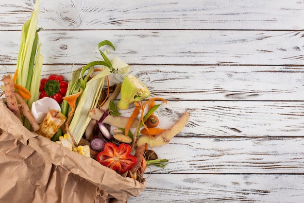 Assortment of compost made of rotten food with copy space