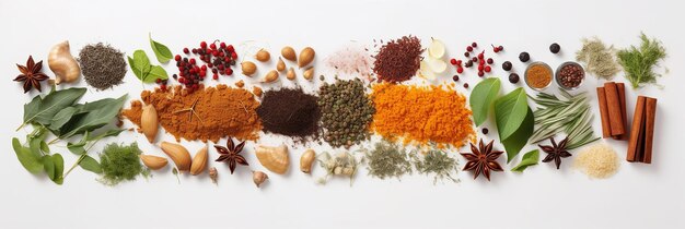 Assortment of culinary spices and herbs on a white realistic background generative ai