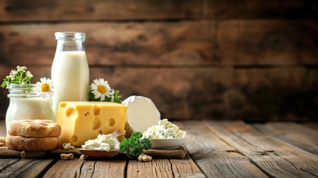 An assortment of Dairy products on a wooden table