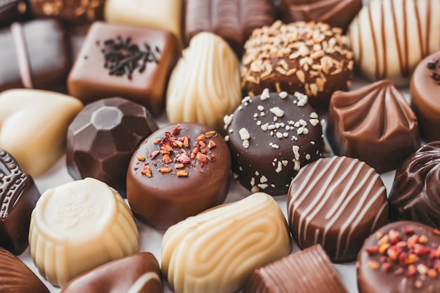 Assortment of dark white and milk chocolate on white background