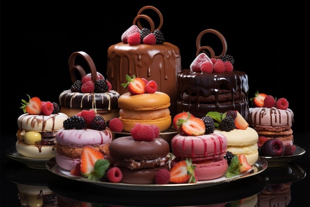 Assortment of decadent cakes on black background a sweet display