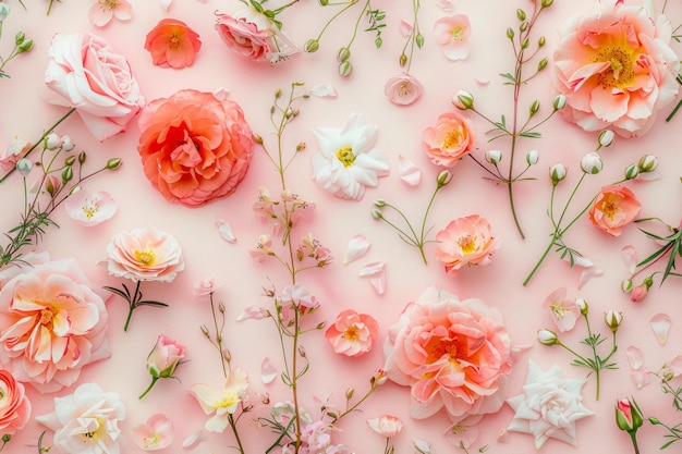 Assortment of Delicate Flowers Arranged on Soft Pastel Pink Background