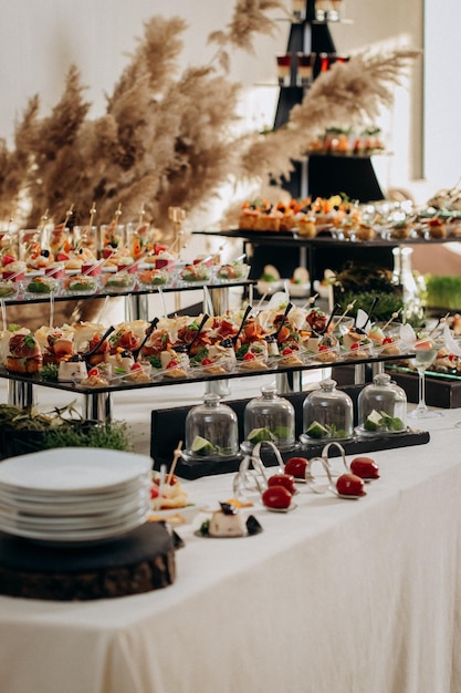 Foto assortimento di deliziosi snack sul tavolo festivo a buffet aperto nel piatto del catering del ristorante