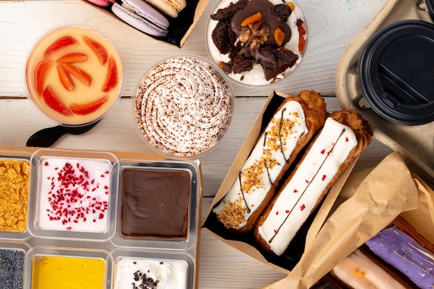 Assortment of desserts in boxes