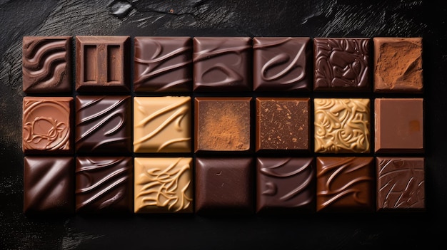 Assortment of different chocolate bars on dark background Top view