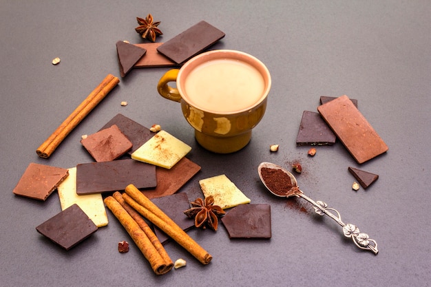 Assortment of different chocolate types and coffee